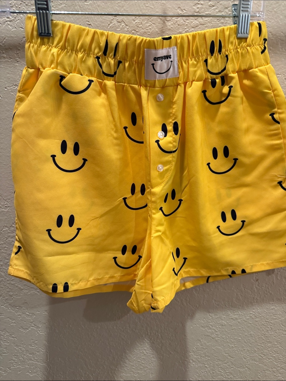 NWT Emyave Yellow Smiley Print Women's Elastic Waist Shorts